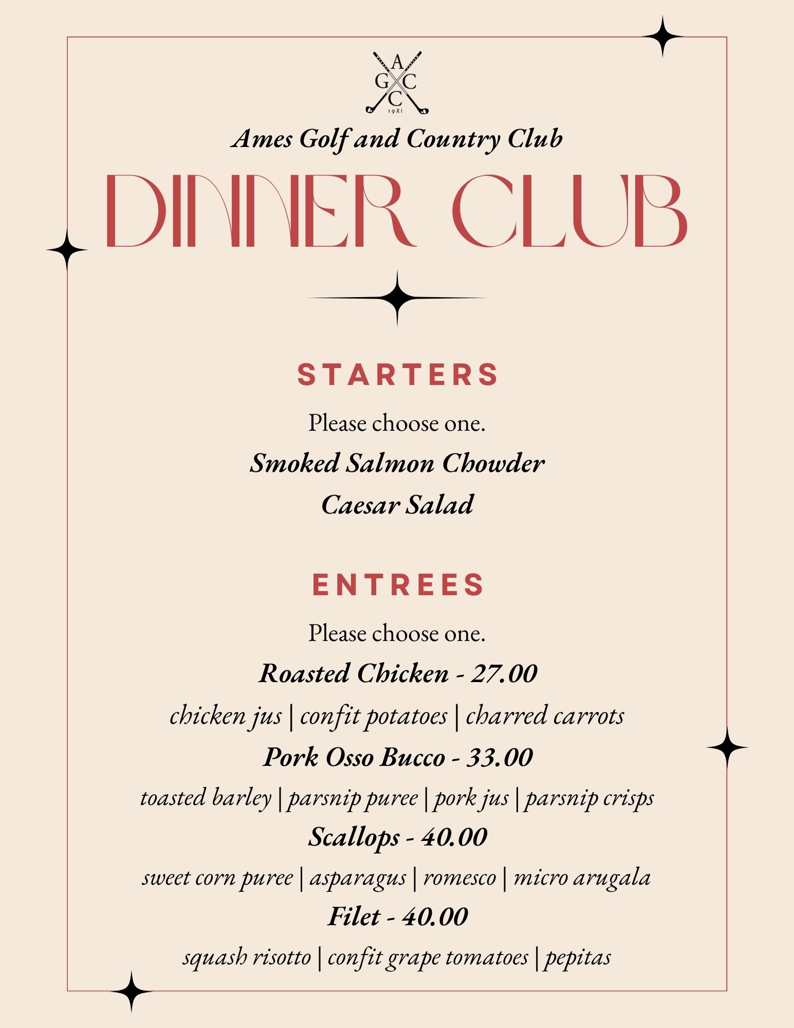 Dinner Club Menu 1